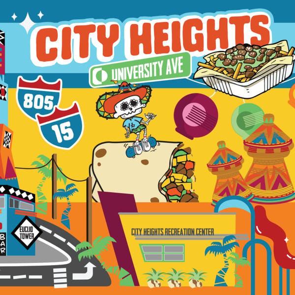 Colorful cartoon map of City Heights, featuring landmarks, highways, and Mexican food.