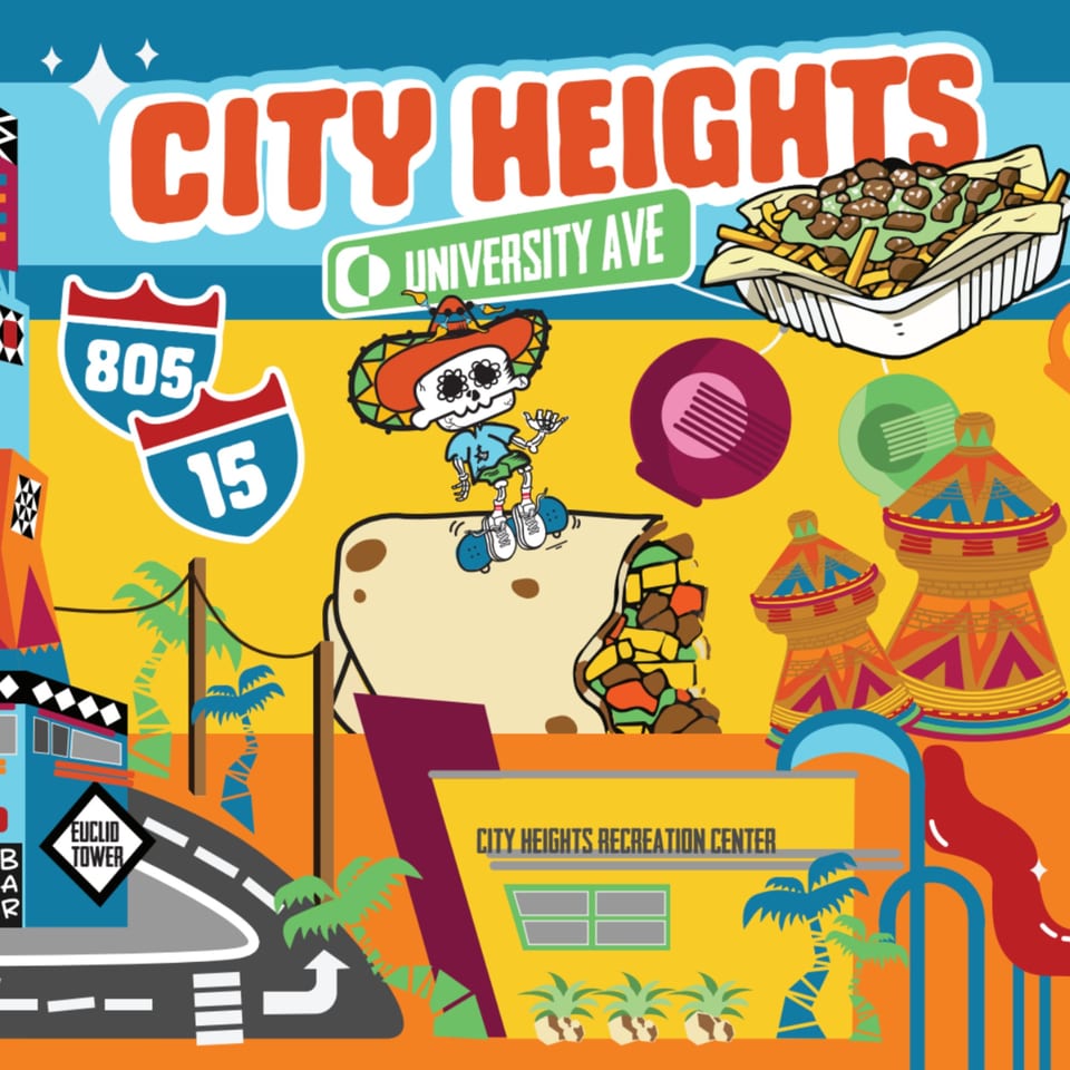 Colorful cartoon map of City Heights, featuring landmarks, highways, and Mexican food.